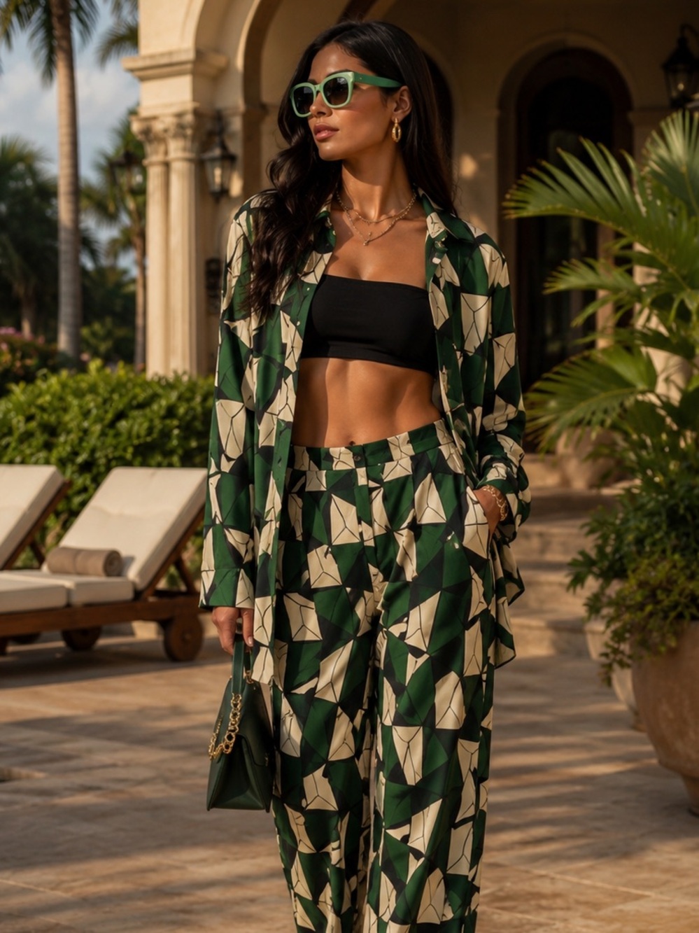 Green Geometric Resort Matching Set – Wide Leg Pants & Button Shirt size xsmall